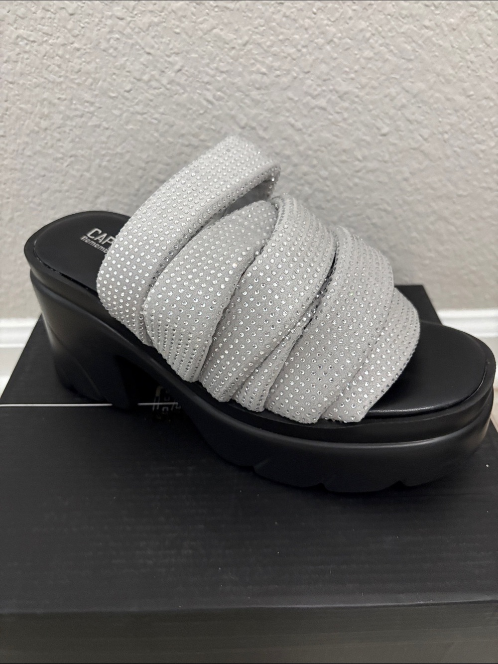 Silver Ruched Crystal Platform Slide Sandals